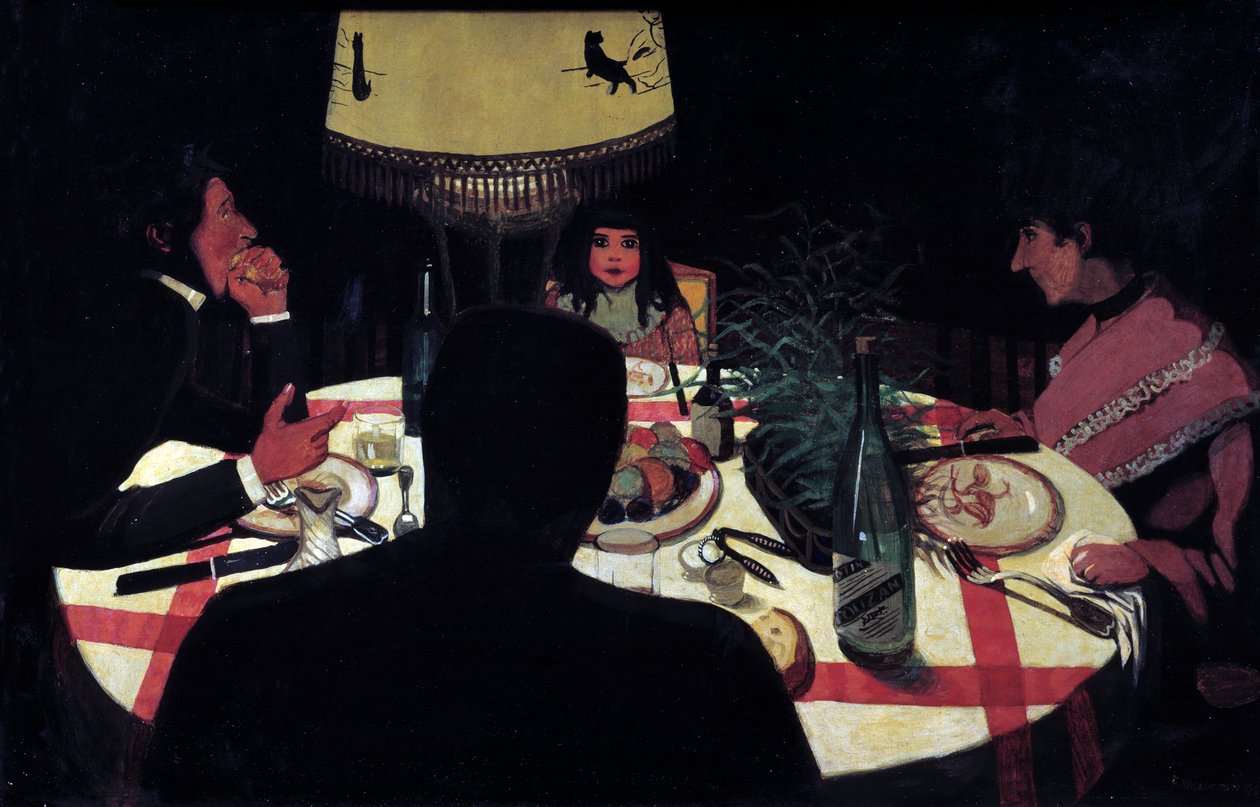 Vacsora, lámpa hatás. A festő ábrázolása veszi körül feleségét és gyönyörű gyermekeit. Felix Vallotton festménye (1865-1925) Ec. Kövesse alkotó: Felix Edouard Vallotton