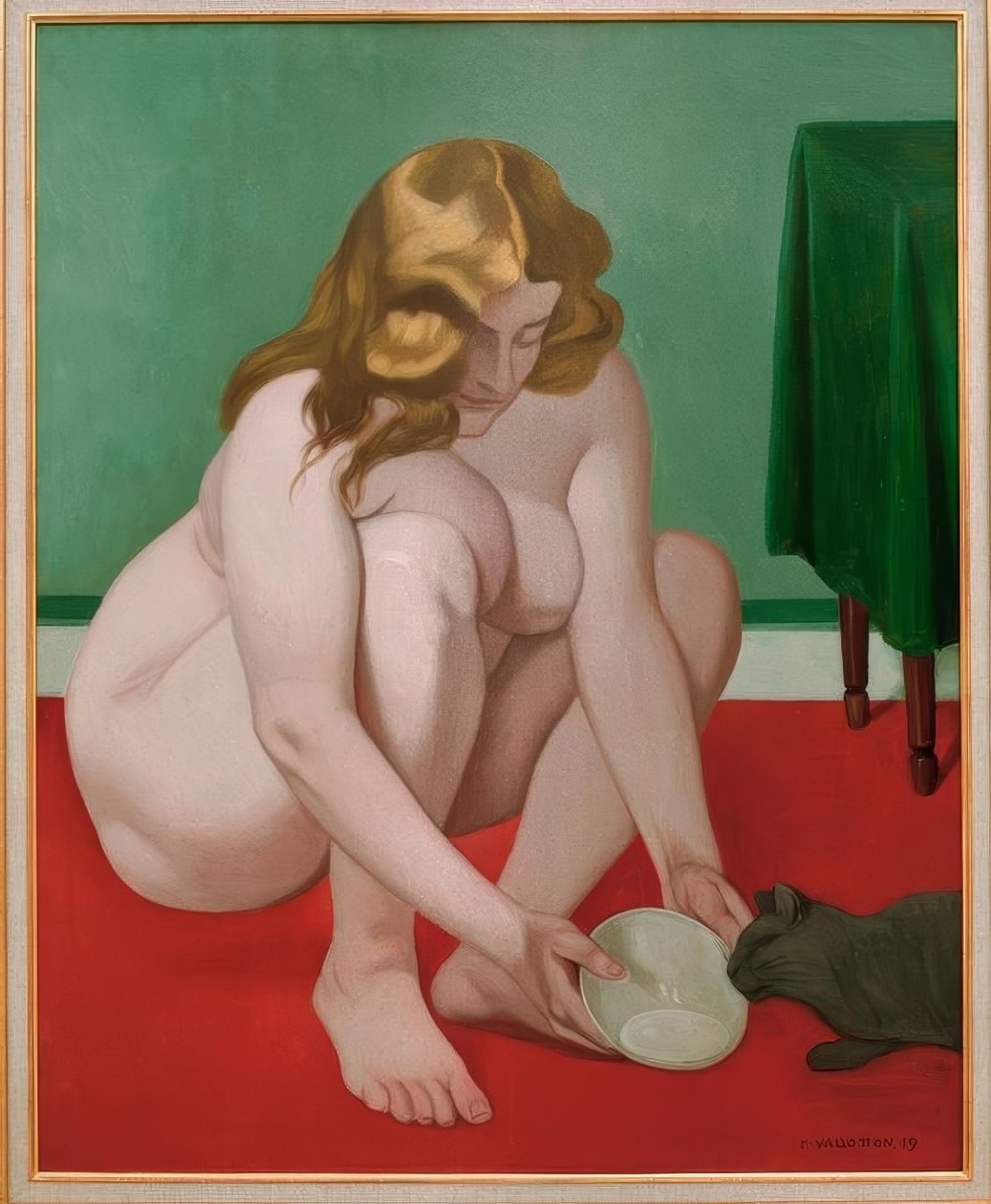 Guggoló nő tejjel kínál egy macskát alkotó: Felix Edouard Vallotton