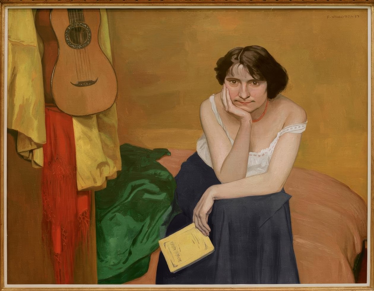 Barna nő ül elöl, gitárral alkotó: Felix Edouard Vallotton