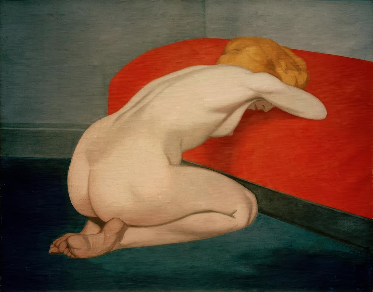 Meztelen nő egy piros kanapé előtt térdel alkotó: Felix Edouard Vallotton