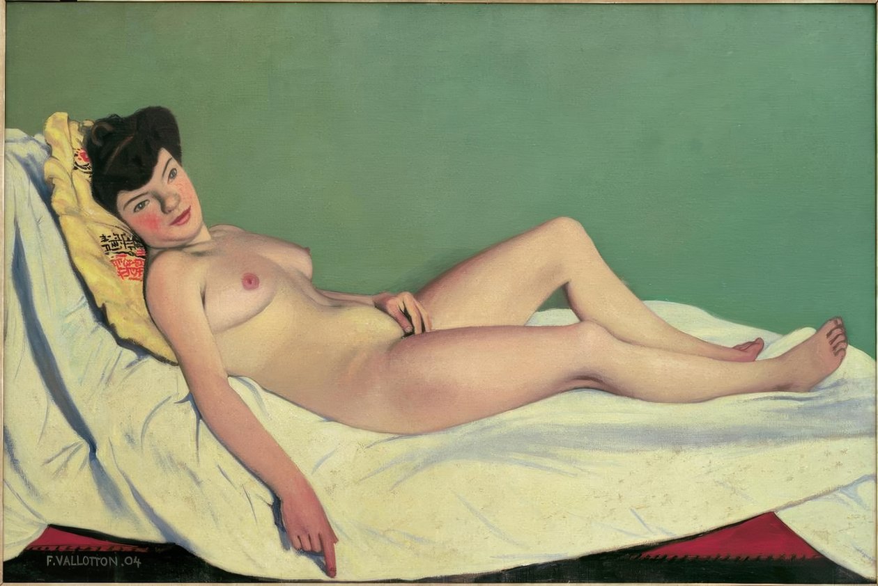 Meztelen nő feküdt egy fehér lepedőn, sárga párnán alkotó: Felix Edouard Vallotton