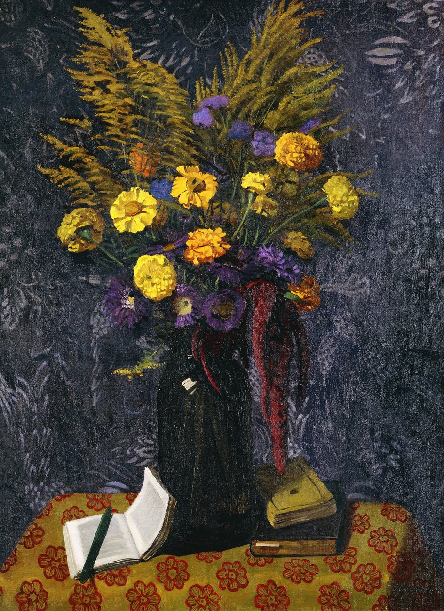 francia körömvirág, lila százszorszép és arany kévék; Körömvirágok, lila százszorszépek és aranygerbék, 1925 alkotó: Felix Edouard Vallotton