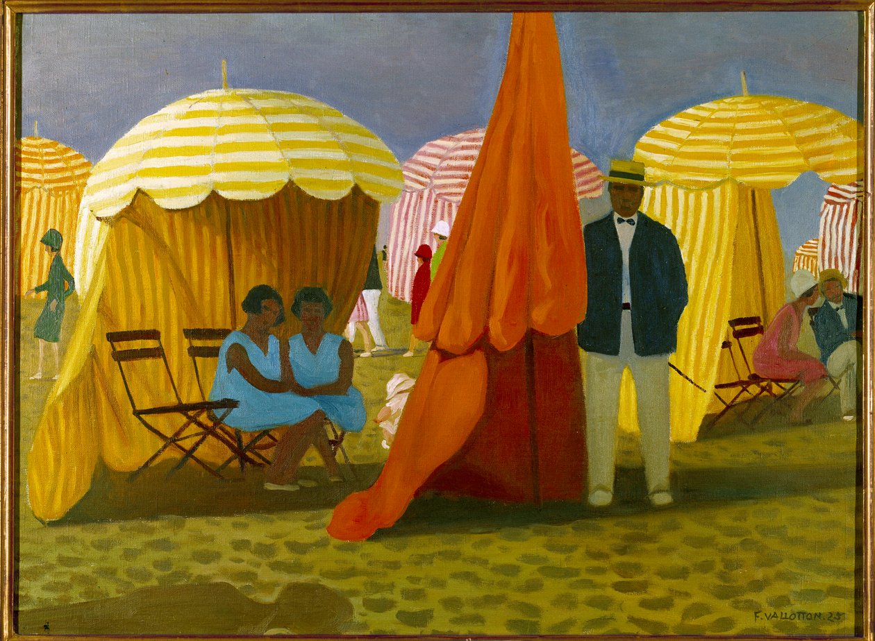A strand. Nyaralók az esernyők alatt, védve a széltől. Felix Vallotton festménye (1865-1925) Ec. Kövesse. alkotó: Felix Edouard Vallotton