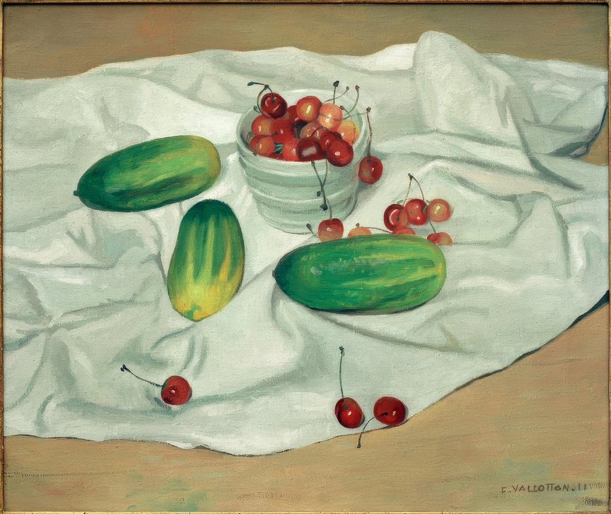 Három uborka és egy fekete váza cseresznyével alkotó: Felix Edouard Vallotton