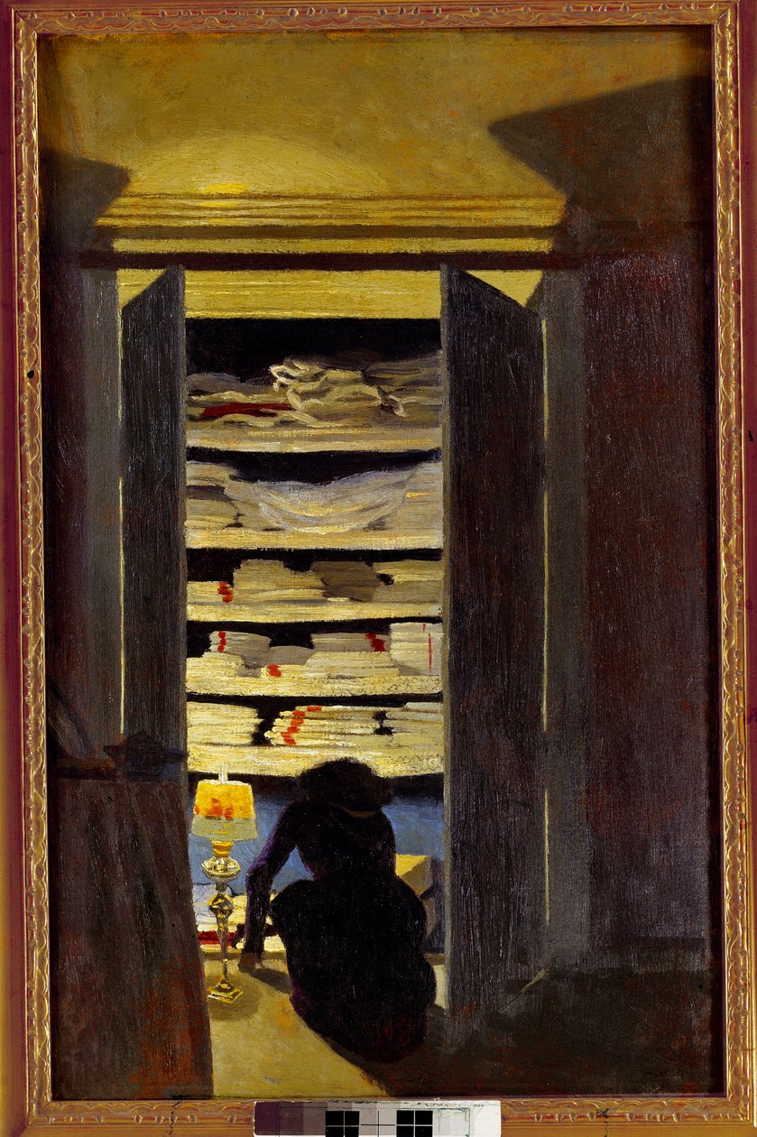 Nő keres egy szekrényben. Felix Vallotton festménye (1865-1925) Ec. Kövesse., 20. század. Magángyűjtemény. alkotó: Felix Edouard Vallotton