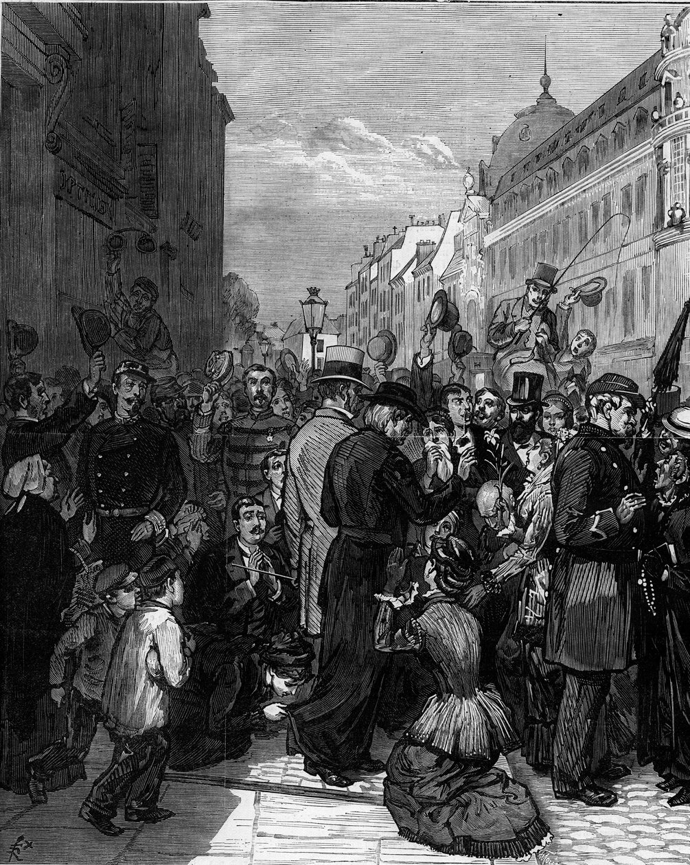 A jezsuiták deportálása a párizsi Rue de Sevres-ről Jules Ferry 1880. márciusi rendelete nyomán, és megvonták a jogosulatlan vallási gyülekezetek tagjainak tanítási jogát: a párizsi lakosság szolidaritást mutat az evictioval alkotó: Felix Elie Regamey