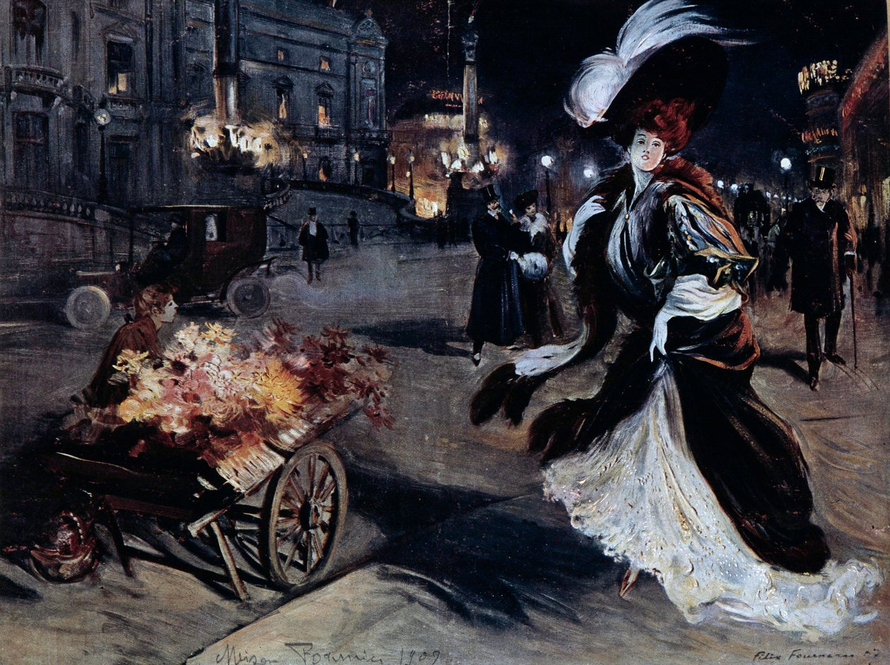 Belle Epoque: Nő kócsagokban egy párizsi utcában éjjel. Illusztráció: Felix Fournery (1865-1938) alkotó: Felix Fournery