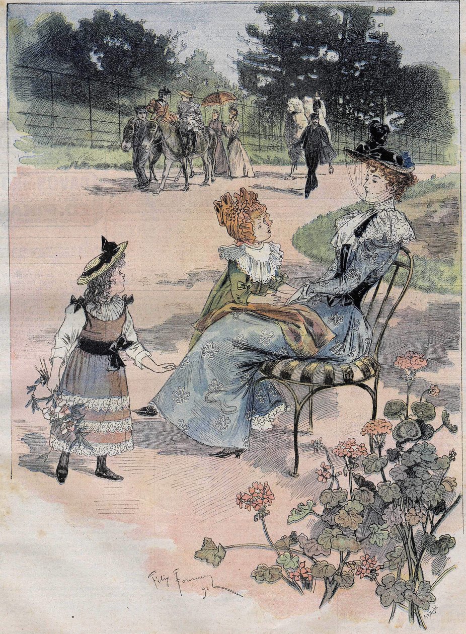 Gyermekséta a párizsi akklimatizációs kertbe 1892-ben. Az öntödei akvarell gravírozása. alkotó: Felix Fournery