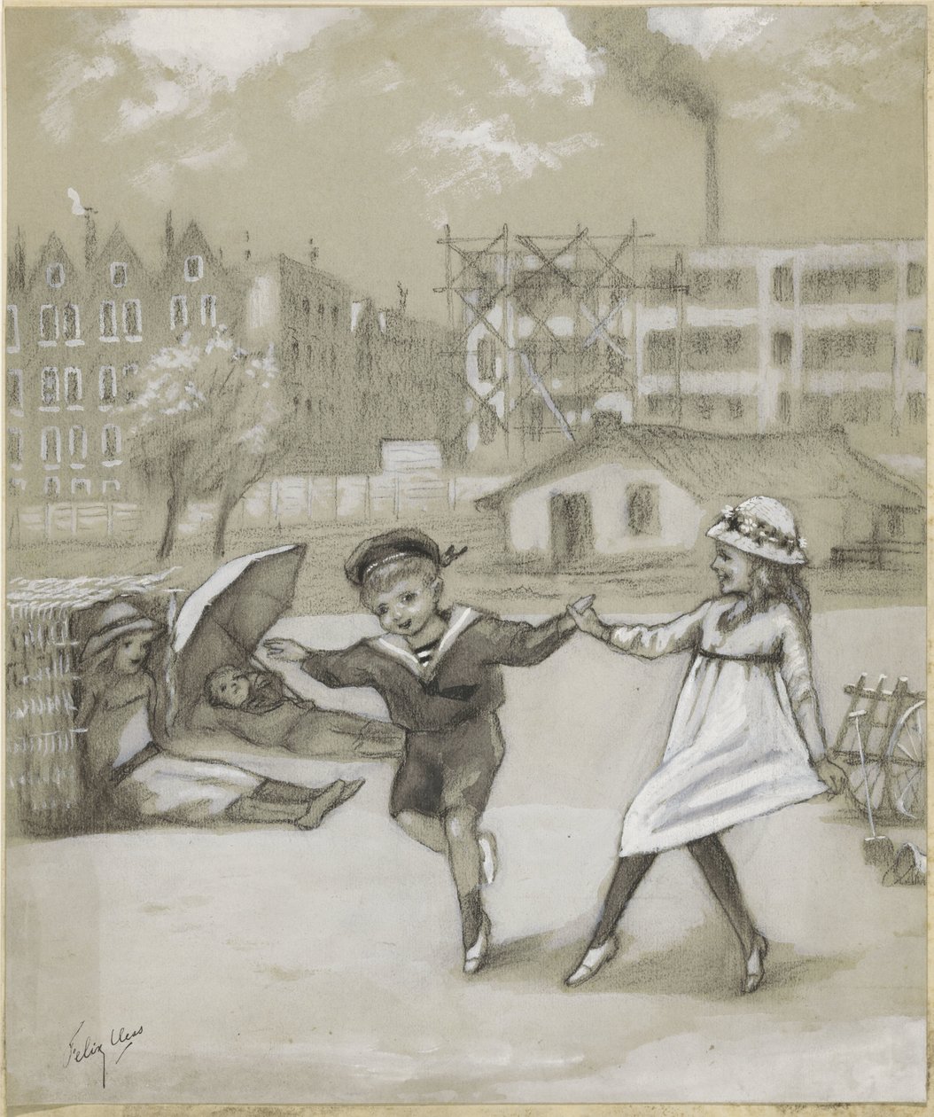 Táncoló fiú és lány a városi parkban vagy játszótéren alkotó: Felix Hess (signed by artist)