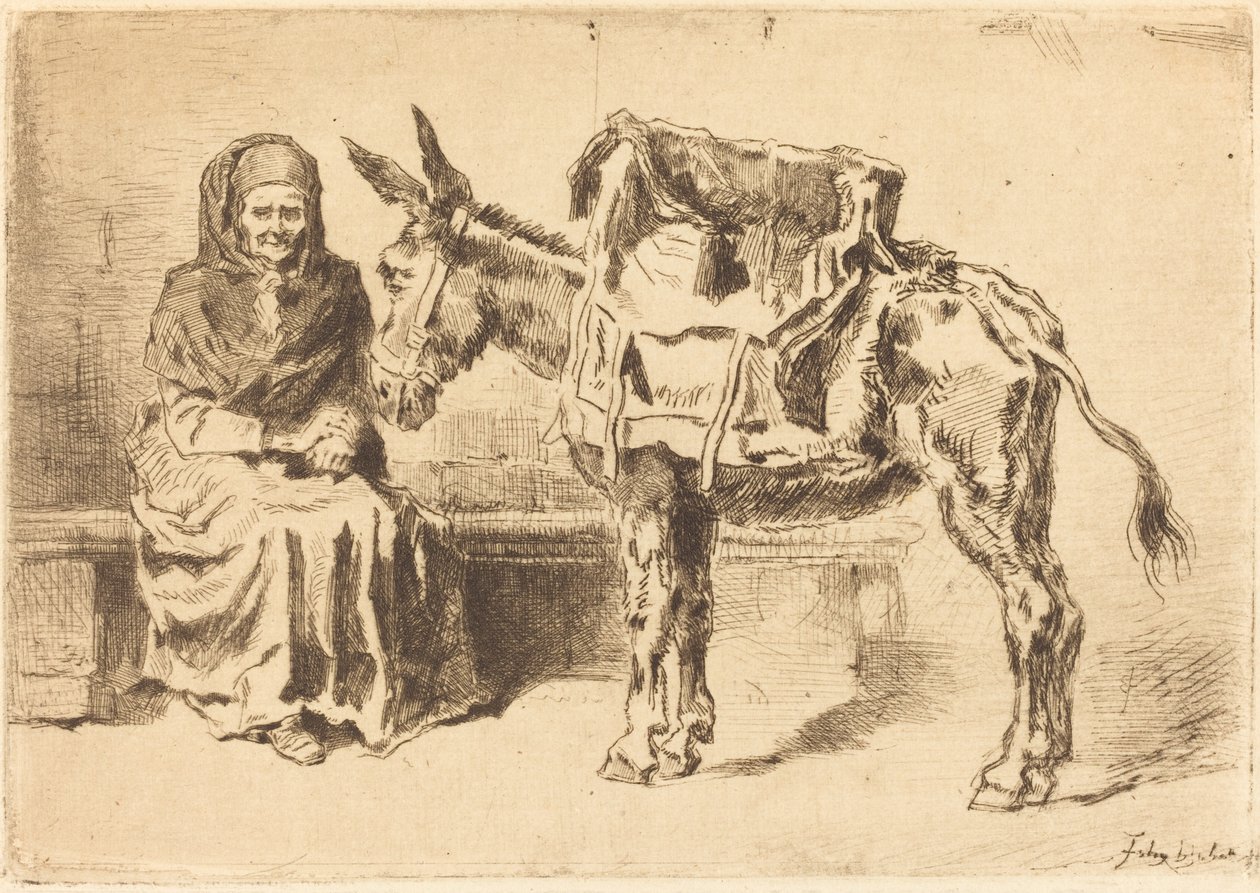 Cacoletière Assise ülő nő és szamár, 1875. alkotó: Felix Hilaire Buhot