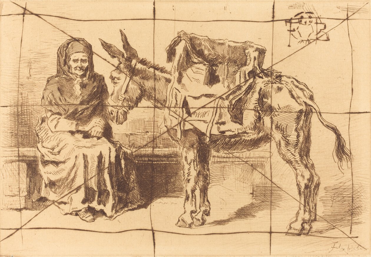 Cacoletière Assise ülő nő és szamár, 1875. alkotó: Felix Hilaire Buhot