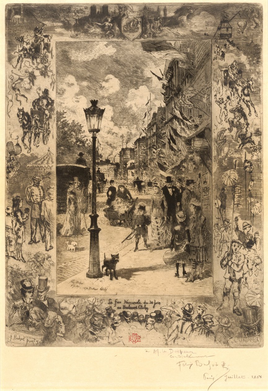 A nemzeti ünnep a Boulevard Clichy-n (Nemzeti ünnep a Boulevard de Clichy-n) alkotó: Felix Hilaire Buhot