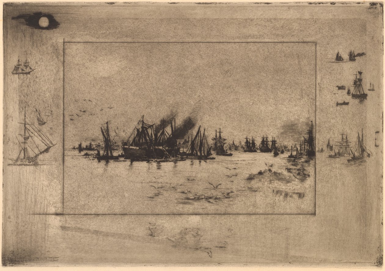 Port aux Mouettes kikötő sirályokkal, 1886. alkotó: Felix Hilaire Buhot