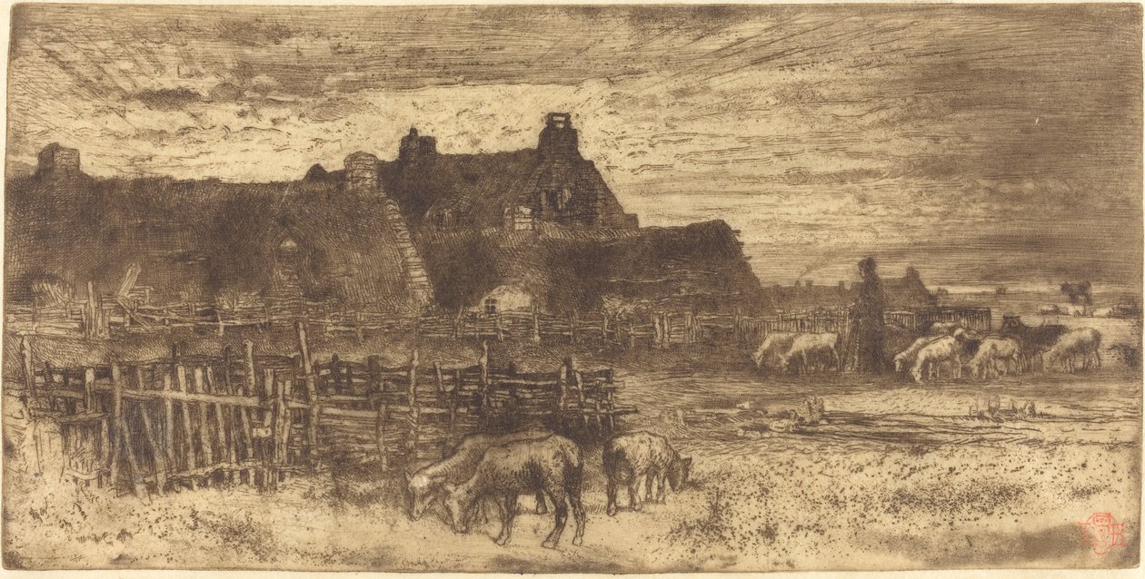 Les Bergeries, Soleil Couchant (pásztori jelenet, lenyugvó nap) alkotó: Felix Hilaire Buhot