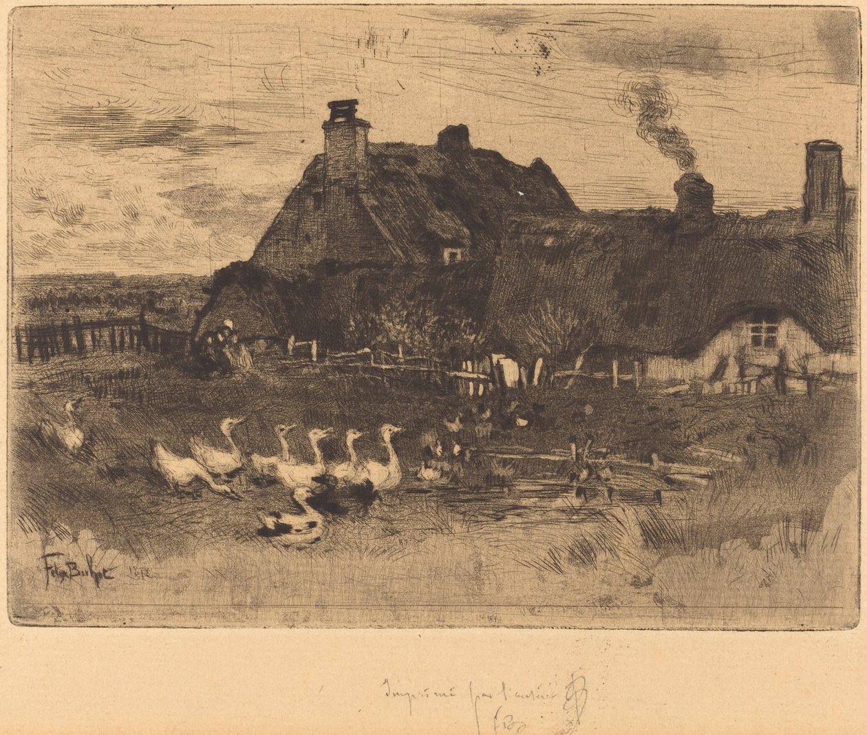 Les Petites Chaumières nádfedeles nyaralók – Kis tányér, 1878. alkotó: Felix Hilaire Buhot