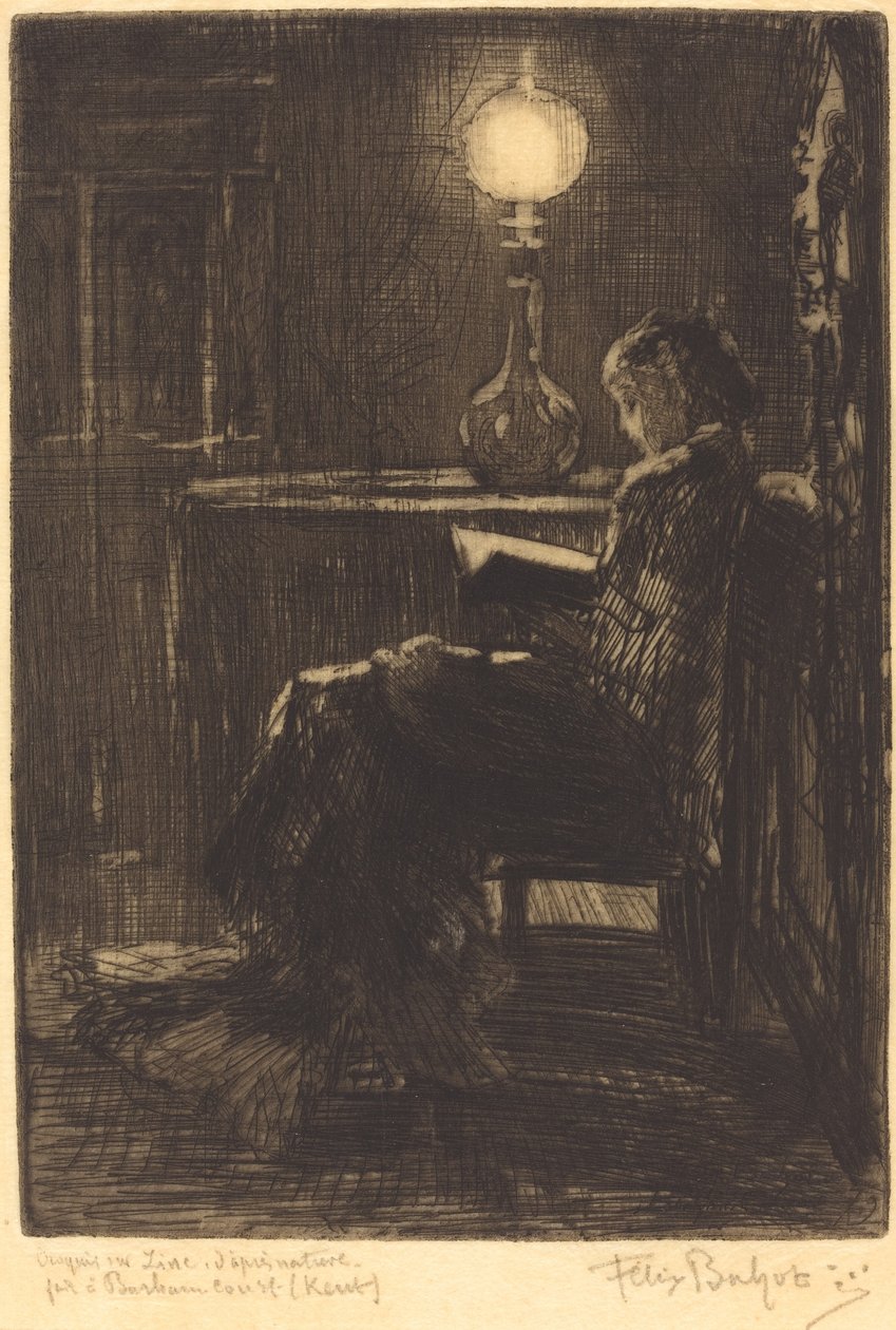 Lámpafénynél olvasó nő, 1879. alkotó: Felix Hilaire Buhot