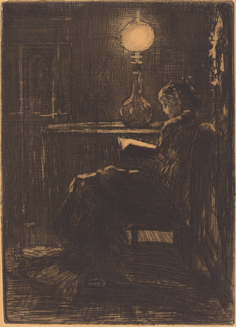 Lámpafénynél olvasó nő, 1879. alkotó: Felix Hilaire Buhot
