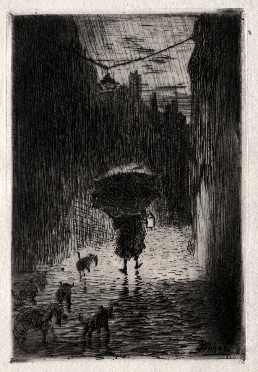 Eső és esernyő, c. 1875. alkotó: Felix Hilaire Buhot