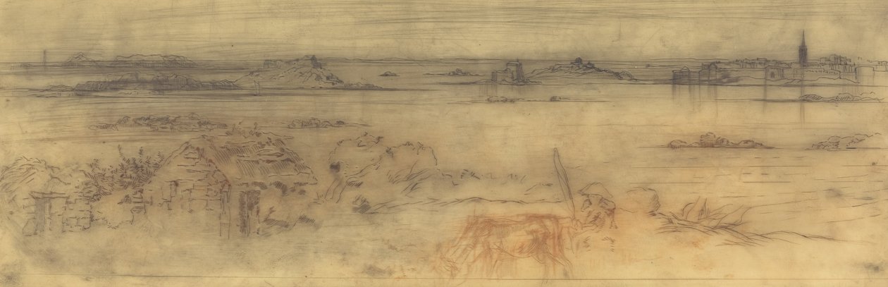 Tengeri tájkép jobb oldalon megerősített várossal, bal oldalon szigetekkel és előtérben egy kunyhóval, c1882. alkotó: Felix Hilaire Buhot