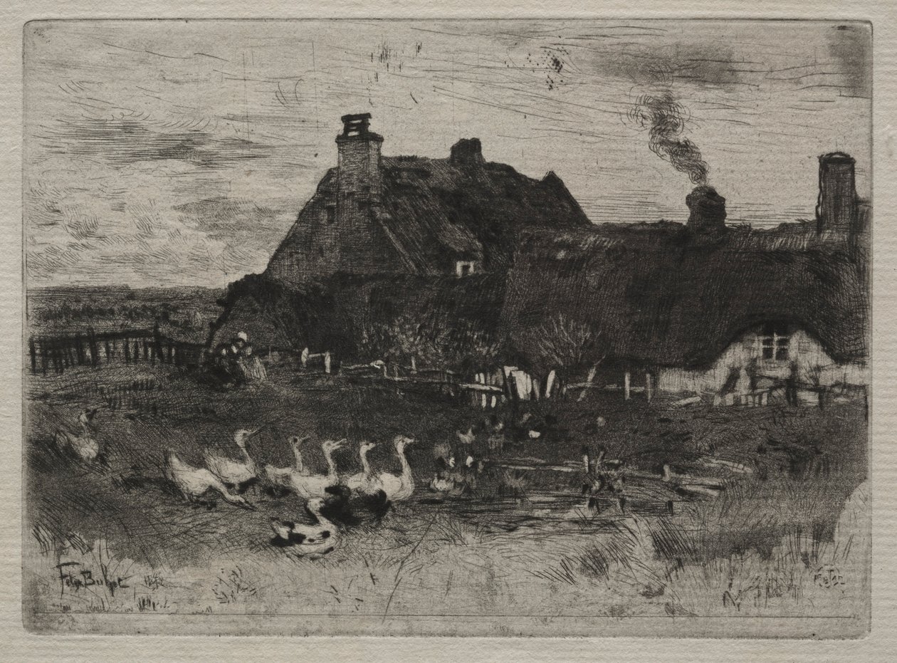 Nádfedeles kunyhók, 1878. alkotó: Felix Hilaire Buhot