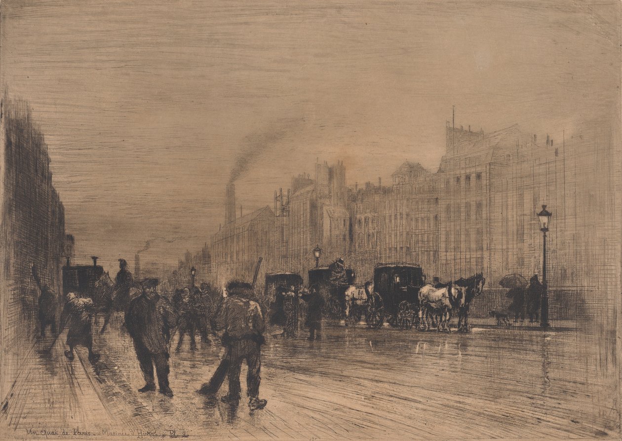 Téli reggel a rakparton, Párizs, 1883. alkotó: Felix Hilaire Buhot