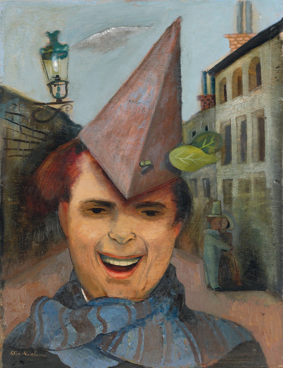 Önarckép papírkalappal és kék sállal, 1936 körül (olaj, rétegelt lemez) alkotó: Felix Nussbaum