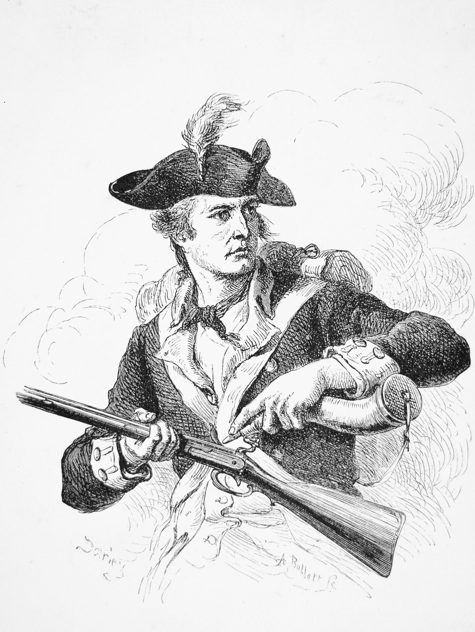 Egy amerikai katona, a szabadságharc alatt, porkürtjével a tűzköves muskétája serpenyőjét alapozta meg, A. Bollett metszetével (metszet) alkotó: Felix Octavius Carr (after) Darley