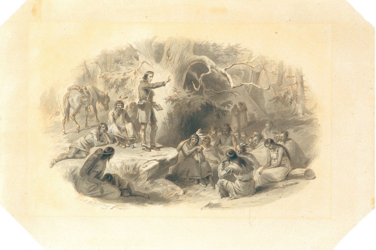 John Eliot prédikál az indiánoknak alkotó: Felix Octavius Carr Darley
