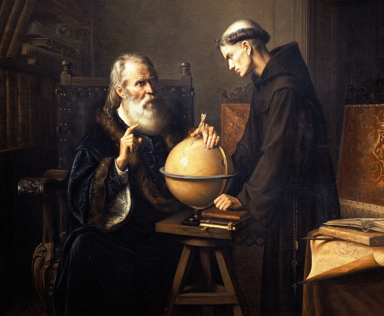 Galileo Galilei (1564-1642) portréja, aki elméleteit magyarázza a Padovai Egyetemen alkotó: Félix Parra