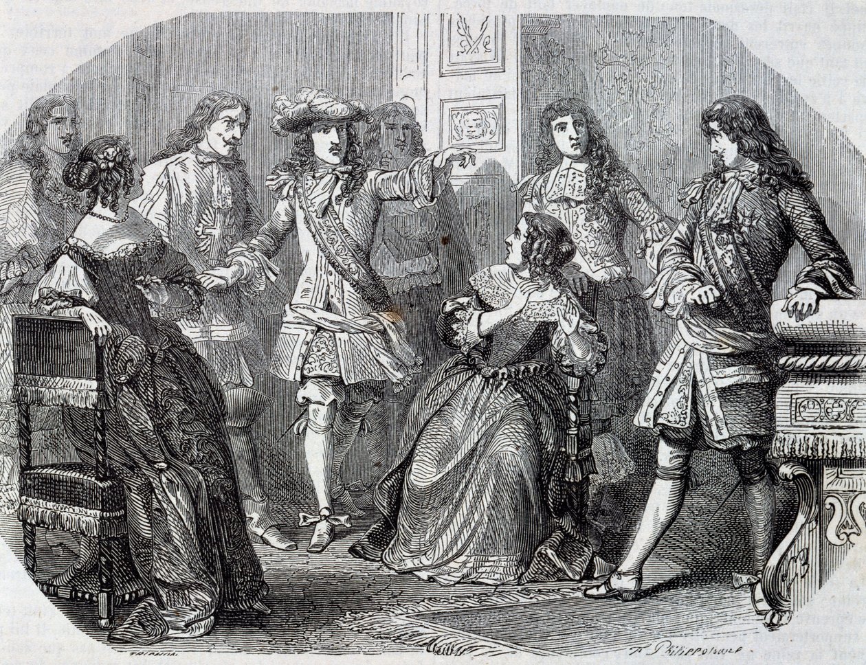 Nicolas Fouquet pénzügyfelügyelő letartóztatása, Henri Felix Emmanuel Philippoteaux (1815-1884) metszete Bragelonne vicomte-tól, Alexandre Dumas (1802-1870) alkotó: Felix Philippoteaux