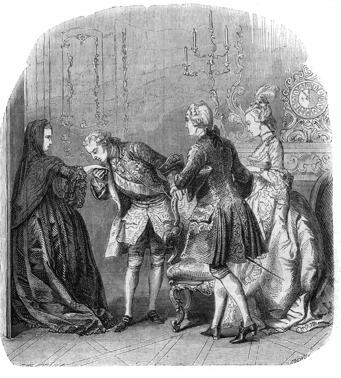 XV. Lajos (1710-1774) kezet csókol Lamballe hercegnőjének (Marie Therese Louise de Savoie-Carignan vagy Savoie Carignan) (1749-1792), Richelieu márki és Melle Lange (Barry leendő grófnője) jelenlétében. Madame du Barry) született Jeanne Be alkotó: Felix Philippoteaux