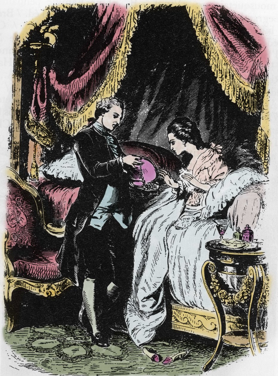 A királynő itala ihlette a nyaklánc tokot. Felix Philippoteaux (1815-1884) rajza Alexandre Dumas „A királynő nyakláncához”. alkotó: Felix Philippoteaux