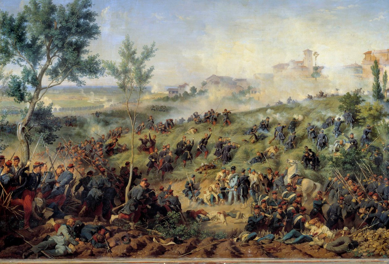 Kilátás a Montebello di Casteggio-i csatára, 1859.05.20. Franciaország legyőzi az osztrák hadsereget. Henry Felix-Emmanuel Philippoteaux (1815-1884) festménye 1862. Dim. 1x1,5 m. Párizs, Hadsereg Múzeum – Kilátás az 1859. május 20-i Montebello di Casteggio alkotó: Felix Philippoteaux
