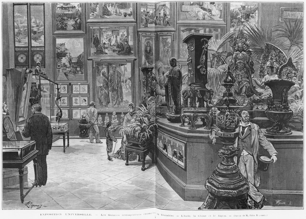 A Trocadero, India, Kína, Japán külföldi retrospektív galériái az 1878-as párizsi egyetemes kiállításon, a „Le Monde Illustre”, 1129. szám, 1878. november 16. alkotó: Felix Regamey
