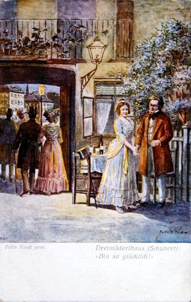 Jelenet a „Das Dreimaderlhaus”-ból („A három lány háza”), amely Schubertet ábrázolja a ház előtt, 1916 körül (színes litó) alkotó: Felix Riedl