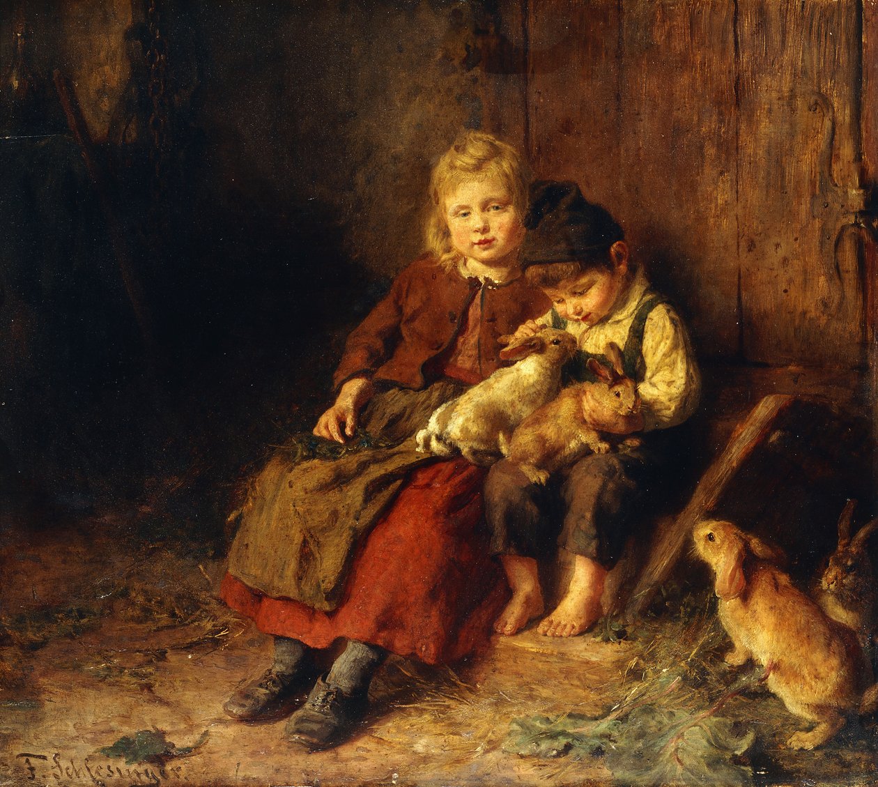Két gyerek játszik nyulakkal, alkotó: Felix Schlesinger
