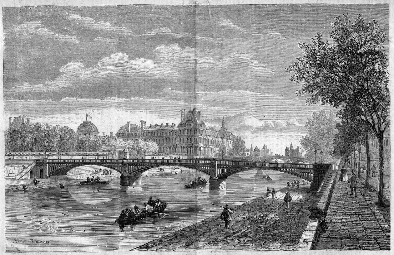 Építészet: kilátás a párizsi Solferino hídra. Paul Martin Gallocher de Lagalisserie (1805-1871) mérnök építette és 1861-ben avatták fel, 1960-ban lebontották, és a Senghor-híd (Solferino-híd) váltotta fel. Felix Thorigny metszete in alkotó: Felix Thorigny