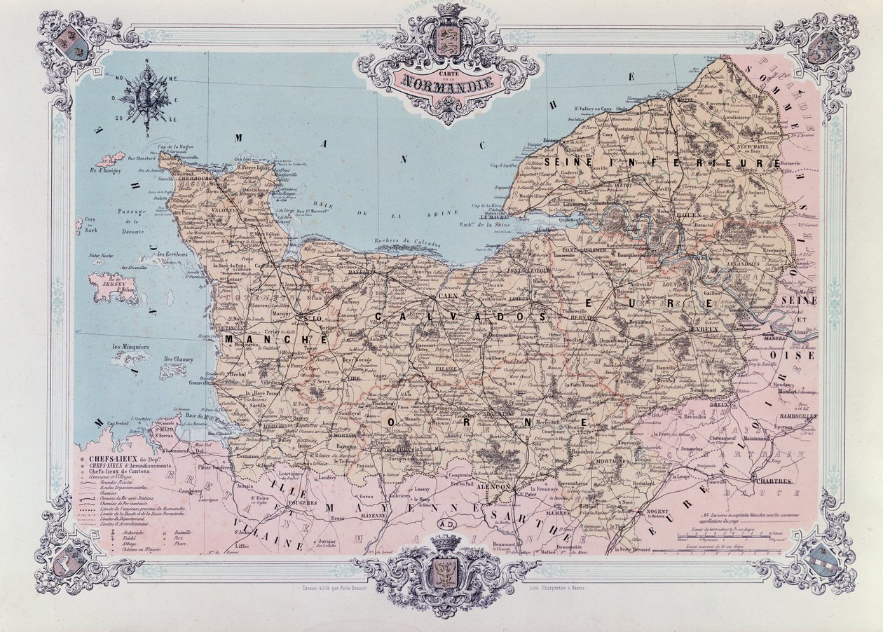 Normandia térképe, a La Normandie Illustree 1. kötetéből, Charpentier metszete, Nantes-ban 1852 alkotó: Felix after Benoist