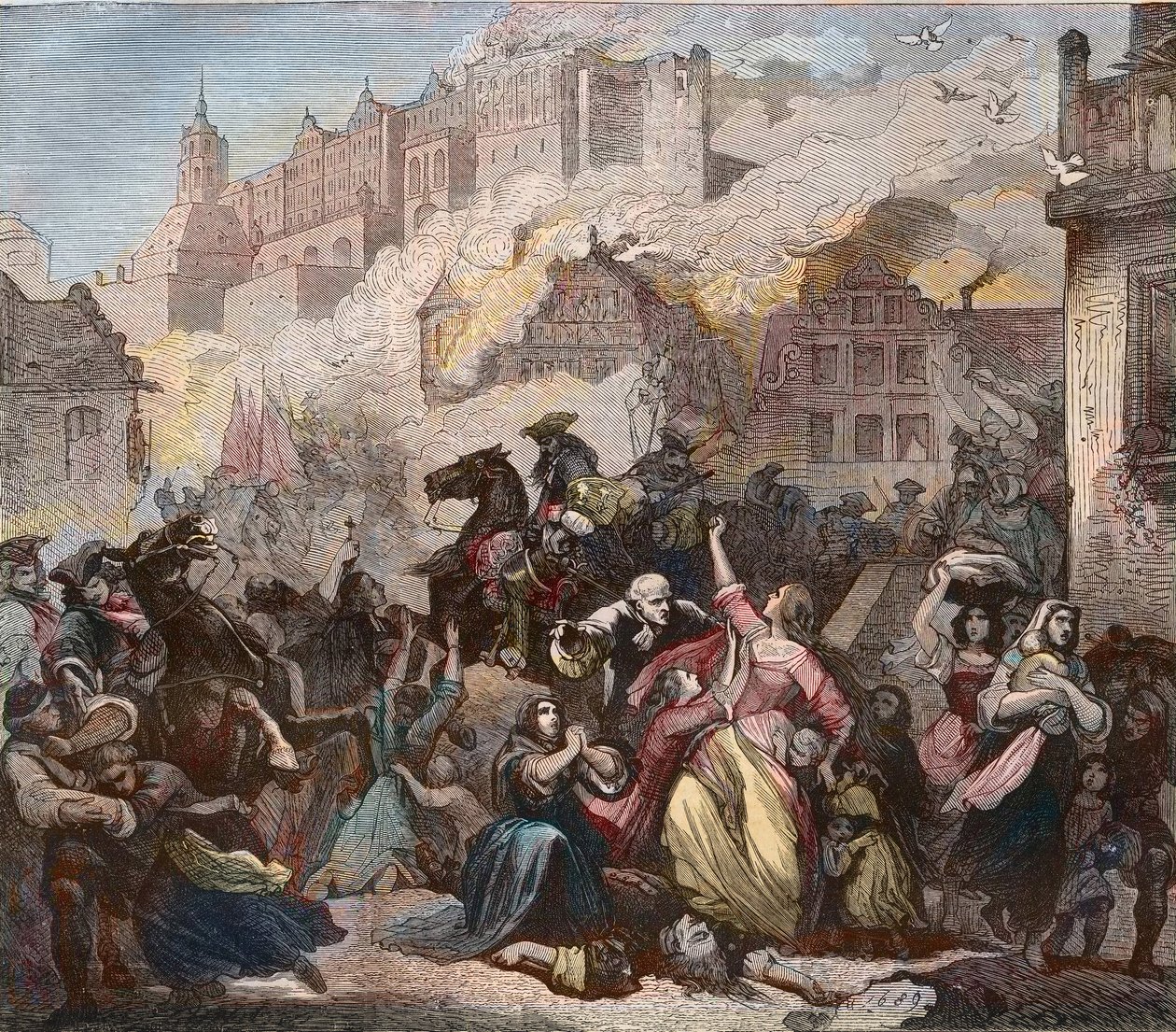 Heidelberg lerombolása a franciák által Ezechiel Melac tábornok vezetésével, 1689. március 2. - Heidelbergi vártűz - 1689 - Kilencéves háború - A Nagyszövetség háborúja - Az Augsburi Liga háborúja - "A francia erők által bombázott heidelbergi vár tüze a G alkotó: Feodor (after) Dietz