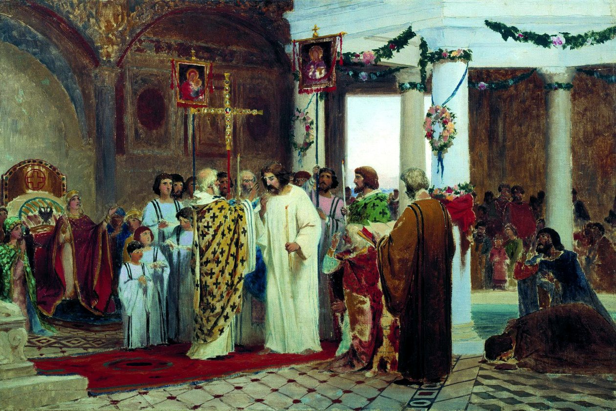 Nagy Vlagyimir kijevi nagyfejedelem megkeresztelkedése 987-ben, 1883-ban. alkotó: Feodor Andreyevich Bronnikov