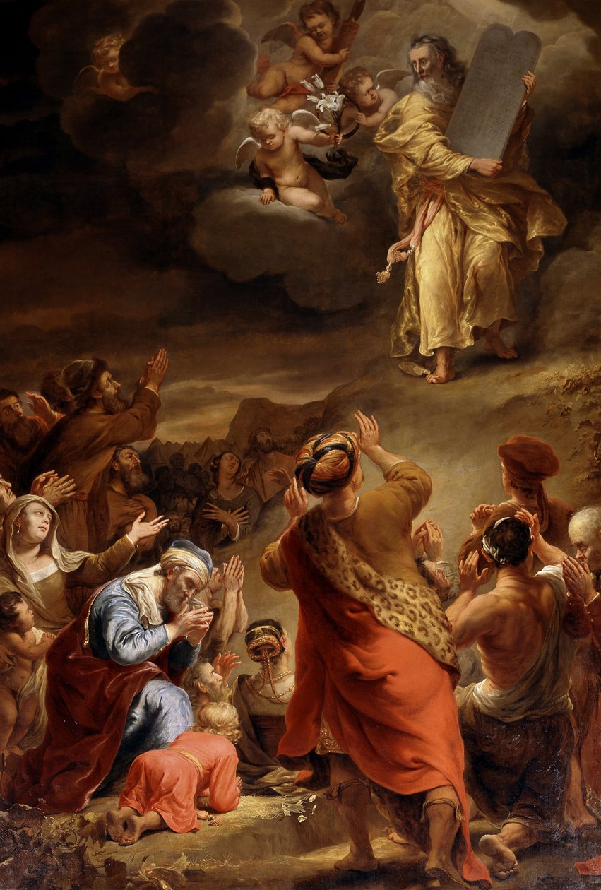Mózes a tízparancsolattal ereszkedik le a Sínai -hegyről alkotó: Ferdinand Bol