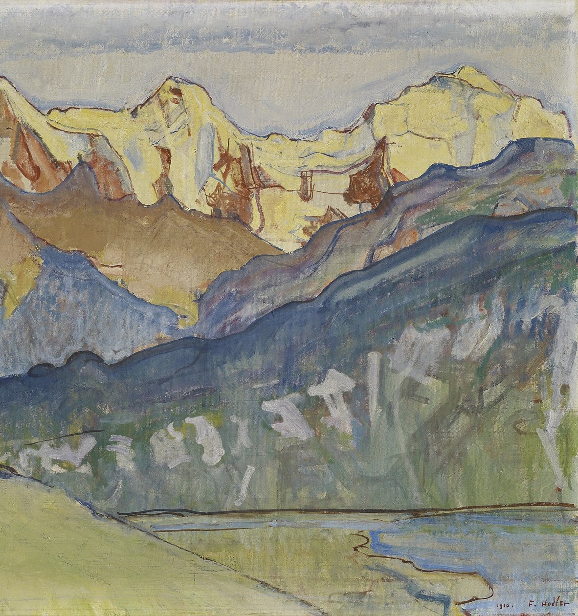 Eiger, Mönch és Jungfrau a Beatenbergből alkotó: Ferdinand Hodler