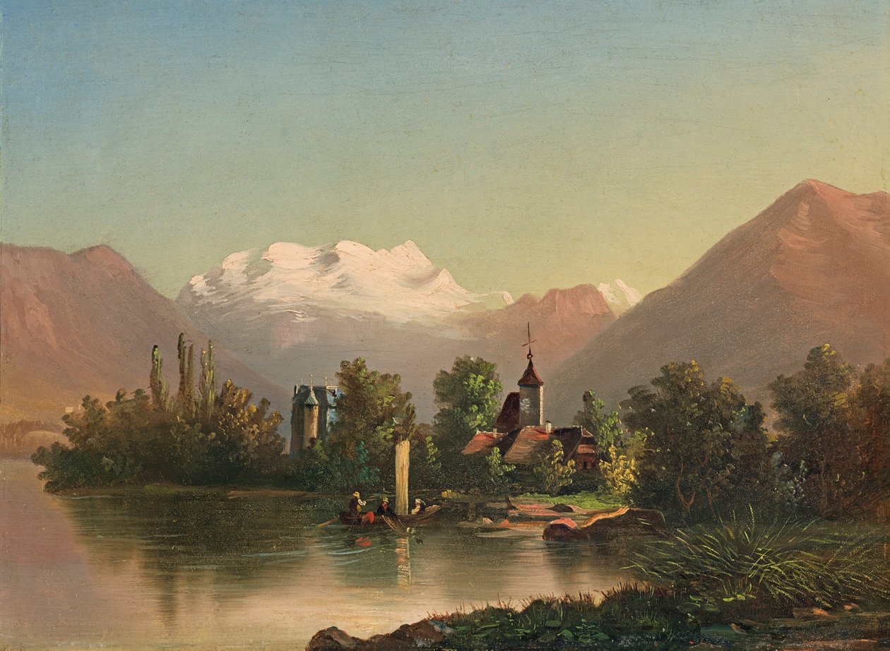 Schadau kastély, Scherzlingeni templom és Blümlisalp (1871) alkotó: Ferdinand Hodler