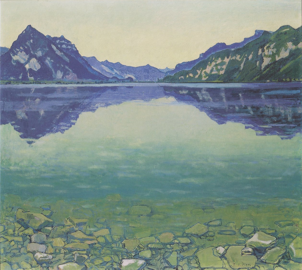 Thun -tó szimmetrikus tükröződéssel napkelte előtt alkotó: Ferdinand Hodler