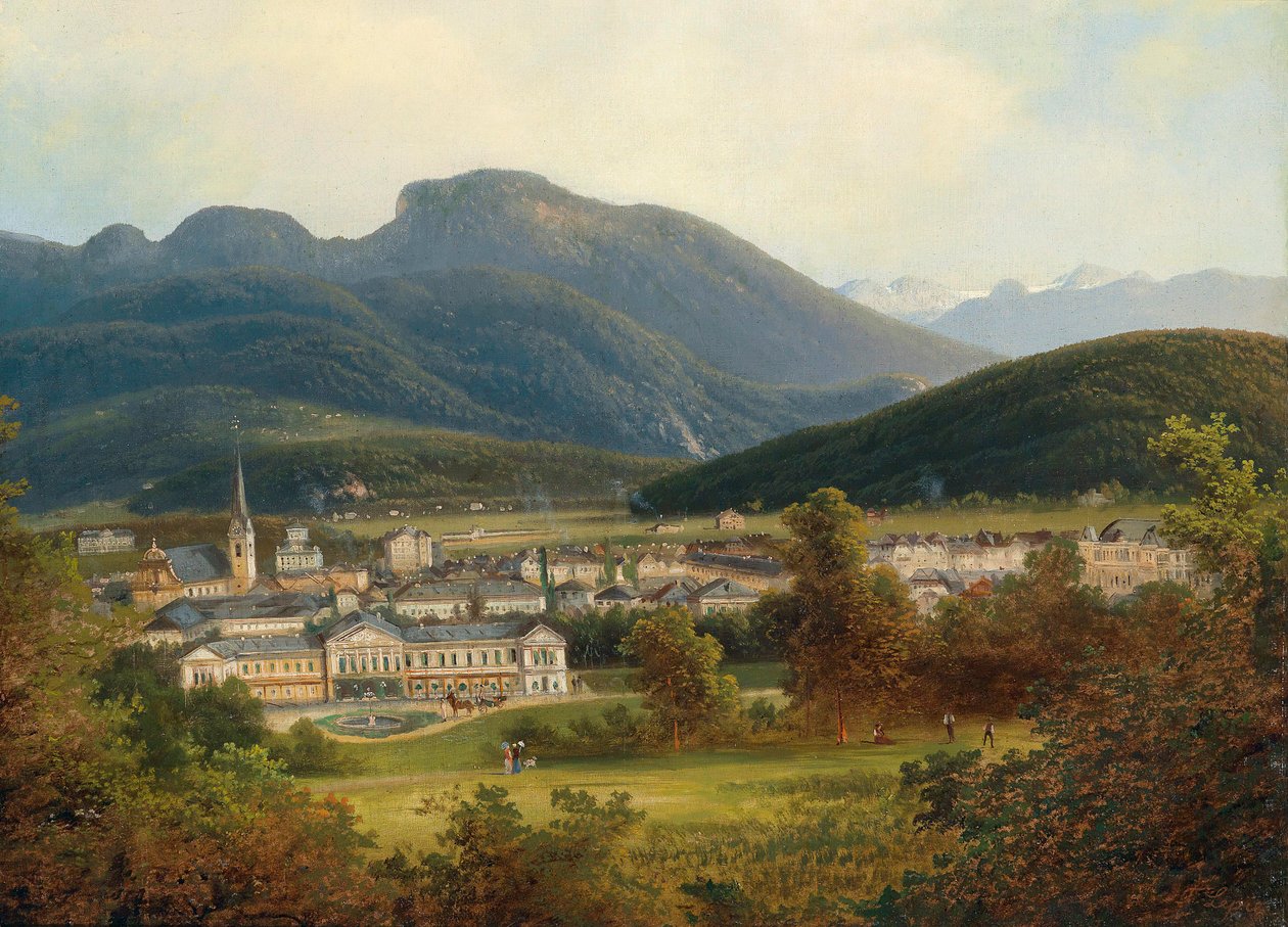 Kilátás Ischlre és a Kaiservillára, a háttérben a Dachsteinnel alkotó: Ferdinand Lepie