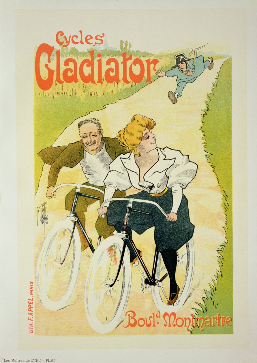 A "Gladiator Cycles" reklámplakátjának reprodukciója, Boulevard Montmartre, Párizs, 1895. alkotó: Ferdinand Misti Mifliez