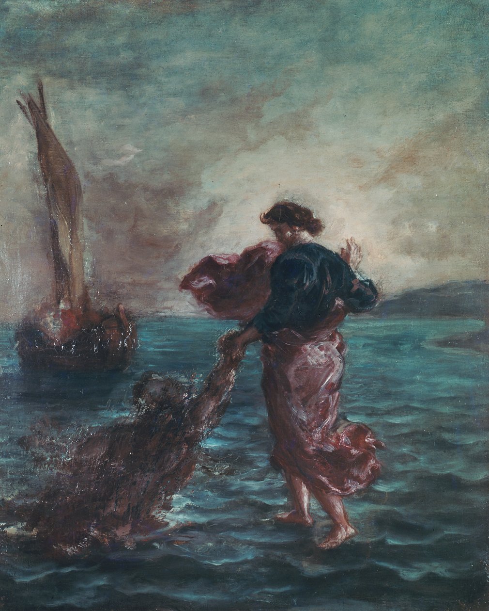 Krisztus a vízen jár, és kinyújtja a kezét, hogy megmentse Szent Pétert alkotó: Ferdinand Victor Eugene Delacroix