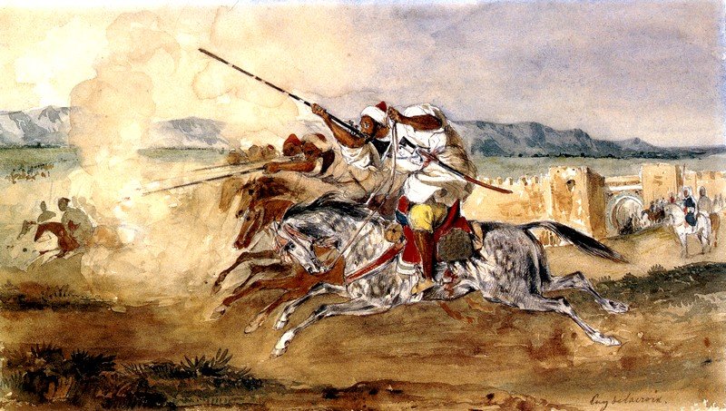 Fantasia vagy Game of Powder, Méquinez város bejárata előtt alkotó: Ferdinand Victor Eugene Delacroix