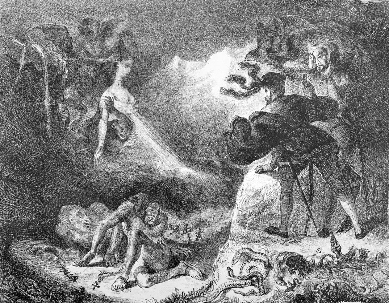 Faust és Mephistopheles a boszorkányok szombatján, Goethe Faustjából, 1828, (illusztráció), (bw fotó a litográfiáról) alkotó: Ferdinand Victor Eugene Delacroix