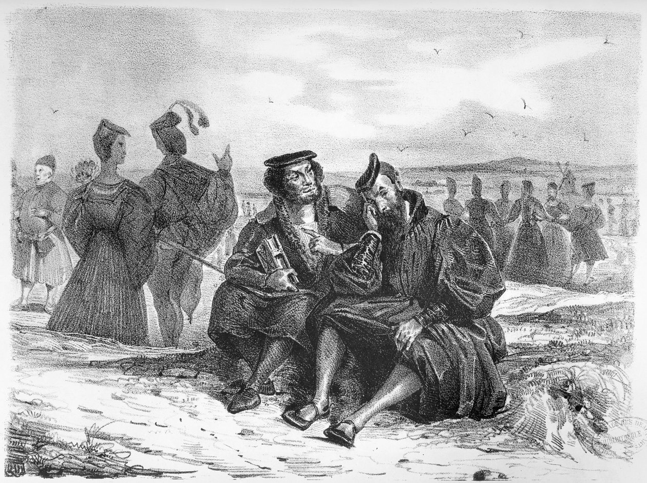 Faust és Wagner beszélgetésben, Goethe-illusztráció Fausthoz (bw fotó litográfia) (lásd még: 59929) alkotó: Ferdinand Victor Eugene Delacroix